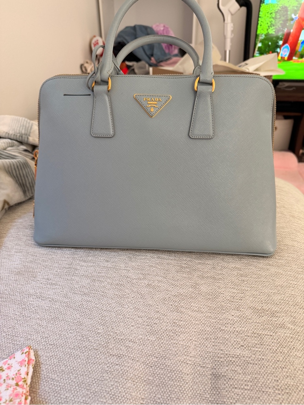Prada Pale Blue Saffiano Leather Satchel with Gold Hardware